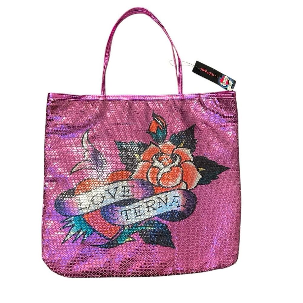 Ed Hardy Sequined Love Eternal‎ metallic hot pink tote bag NEW READ